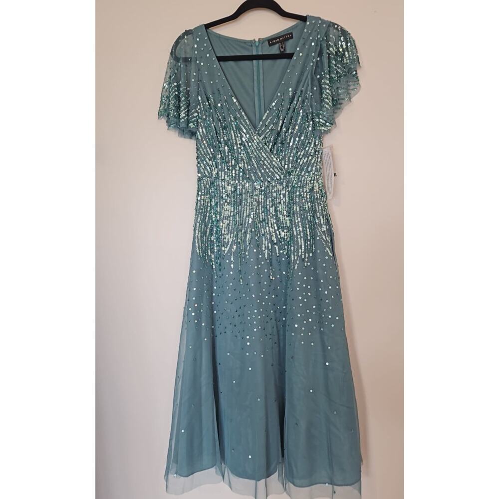 Aidan Mattox Beaded V-Neck Short Sleeve A-Line Midi Dress – Oil Green – Size 2 - Picture 3 of 7
